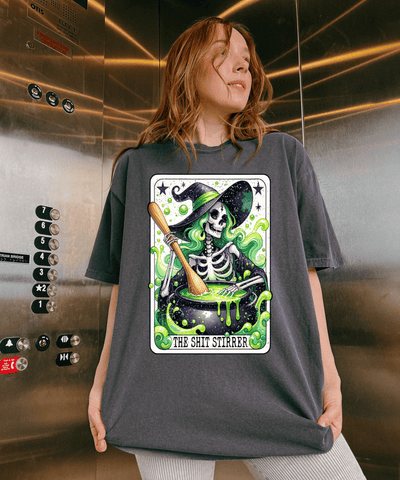 The Shit Stirrer Witch Skeleton Comfort Colors Tee LavenderCeleste