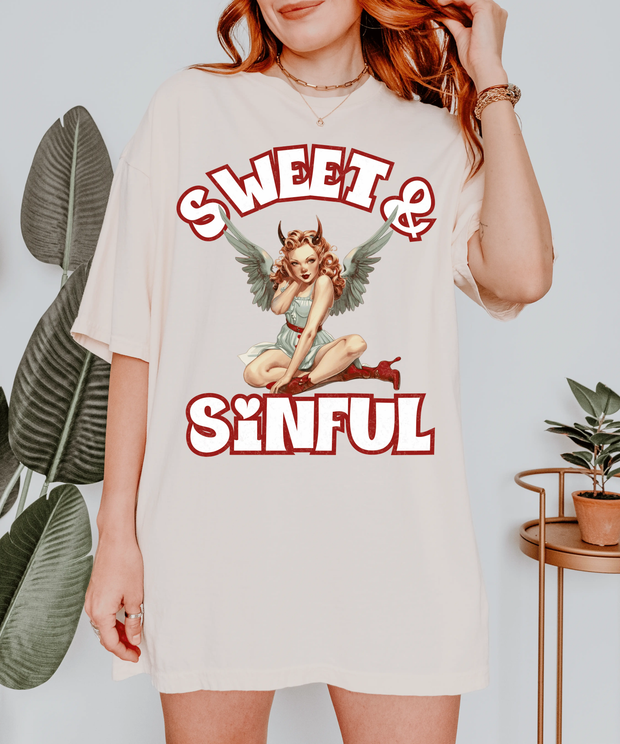 Sweet & Sinful Angel Devil Retro Comfort Colors Tee LavenderCeleste