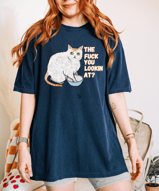 The Fuck You Lookin At Cat Comfort Colors Tee LavenderCeleste