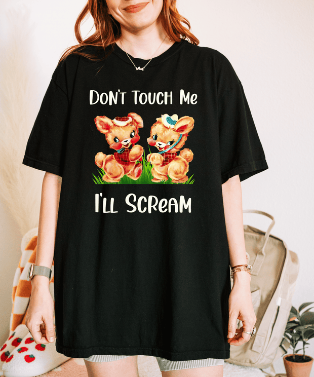Don’t Touch Me I’ll Scream Retro Bunny Comfort Colors Tee LavenderCeleste