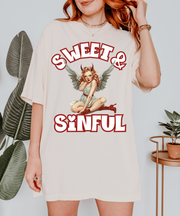 Sweet & Sinful Angel Devil Retro Comfort Colors Tee LavenderCeleste