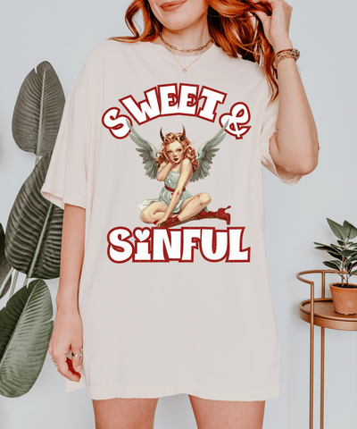 Sweet & Sinful Angel Devil Retro Comfort Colors Tee LavenderCeleste