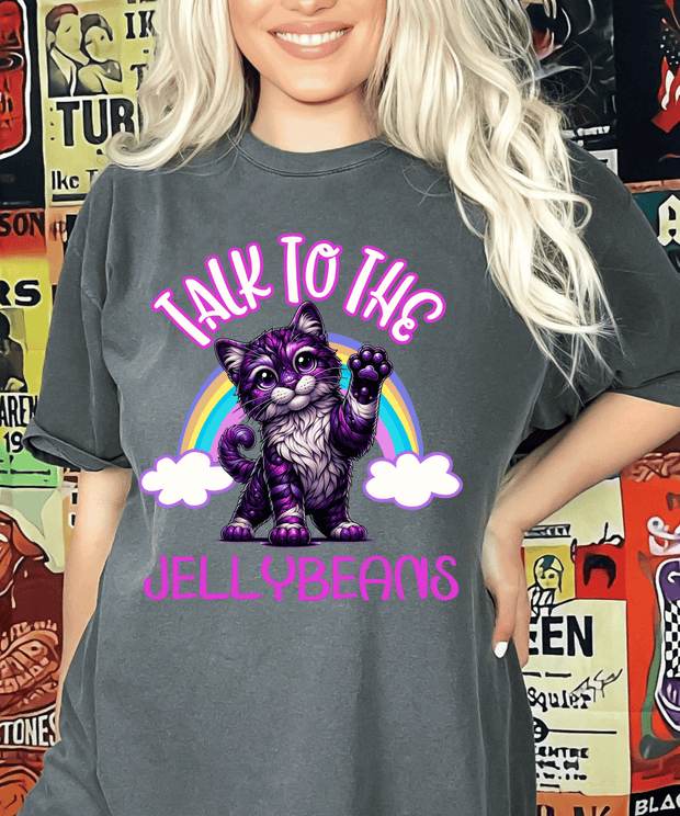 Talk to the Jellybeans Rainbow Cat Comfort Colors Tee LavenderCeleste