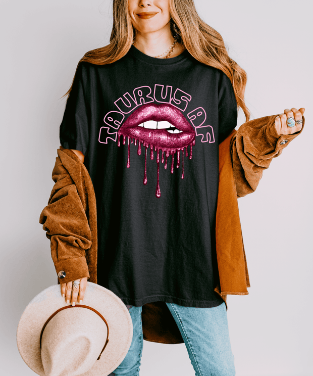 Taurus AF Glitter Lips Zodiac Comfort Colors Tee LavenderCeleste