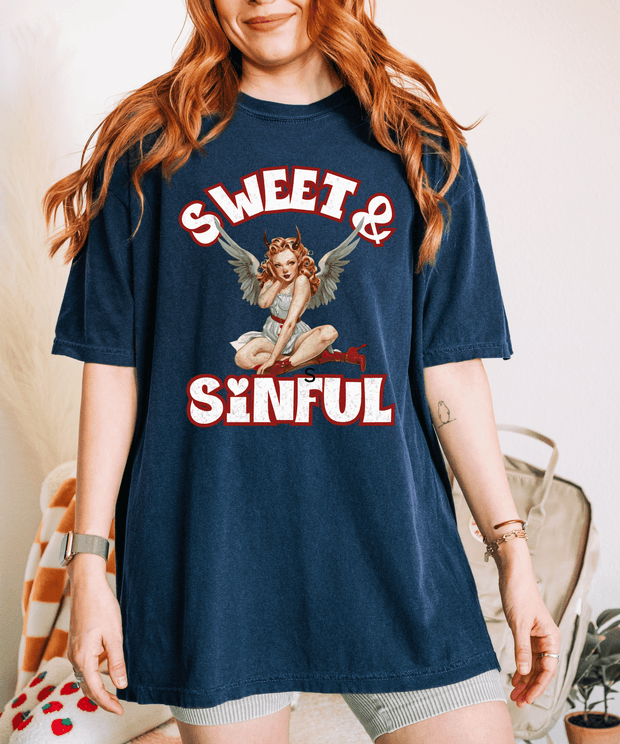 Sweet & Sinful Angel Devil Retro Comfort Colors Tee LavenderCeleste