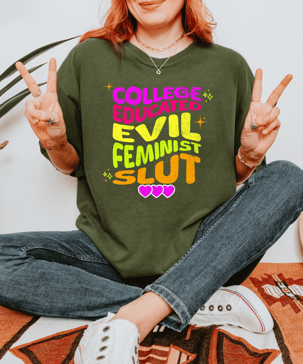 College Educated Evil Feminist Slut Graphic Tee LavenderCeleste