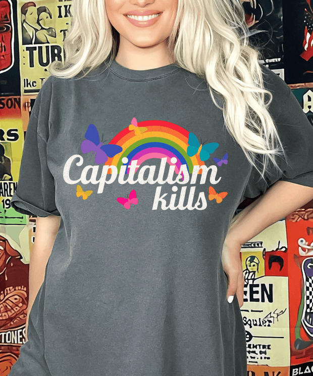 Capitalism Kills Political Satire Retro Rainbow Comfort Colors T-Shirt Comfort Colors 1717