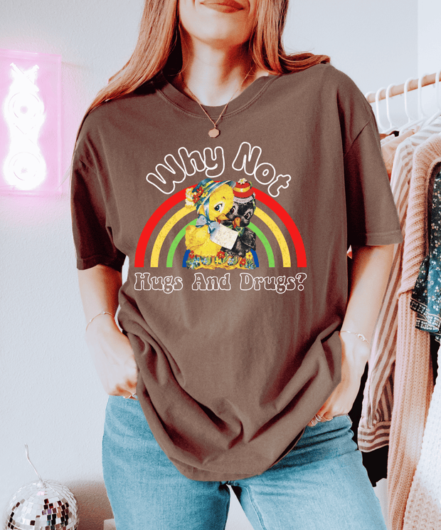 Why Not Hugs And Drugs Retro Duck Rainbow Comfort Colors Tee LavenderCeleste