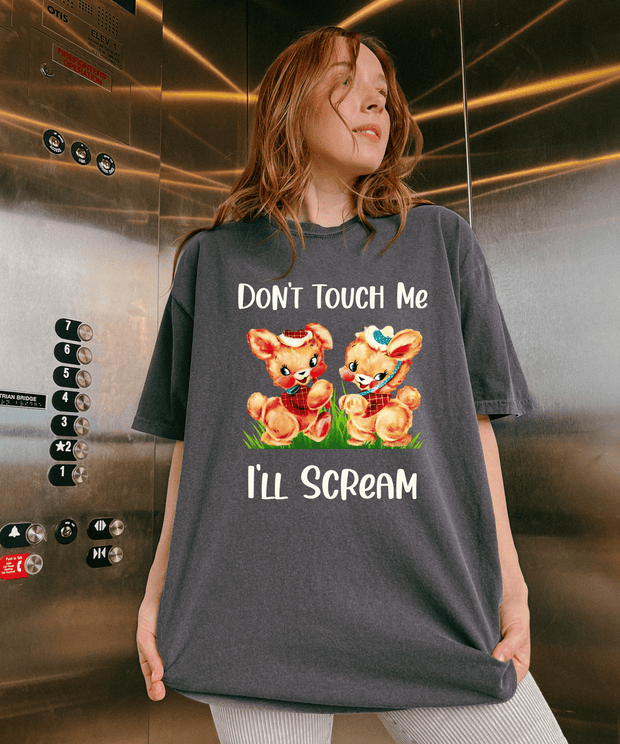 Don’t Touch Me I’ll Scream Retro Bunny Comfort Colors Tee LavenderCeleste