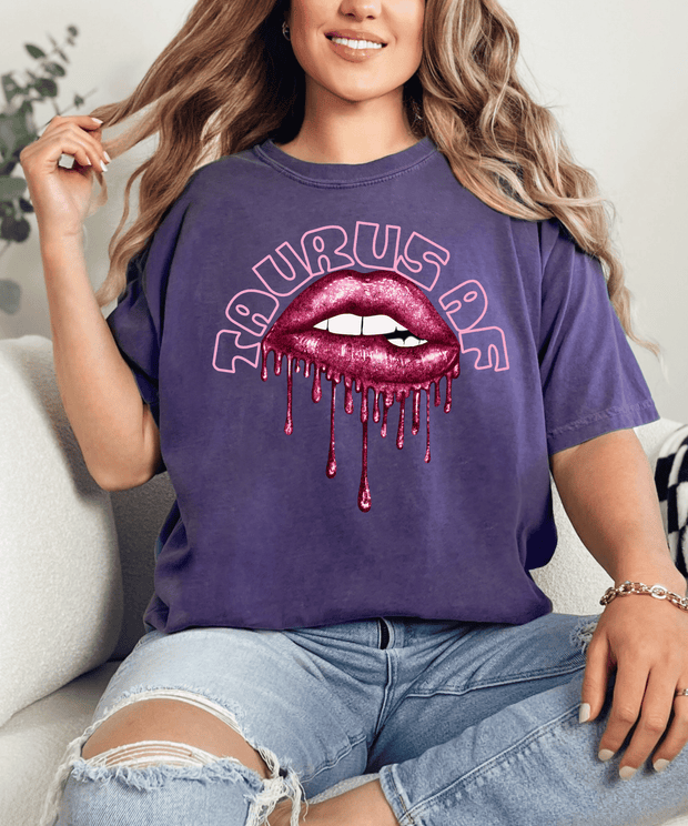 Taurus AF Glitter Lips Zodiac Comfort Colors Tee LavenderCeleste