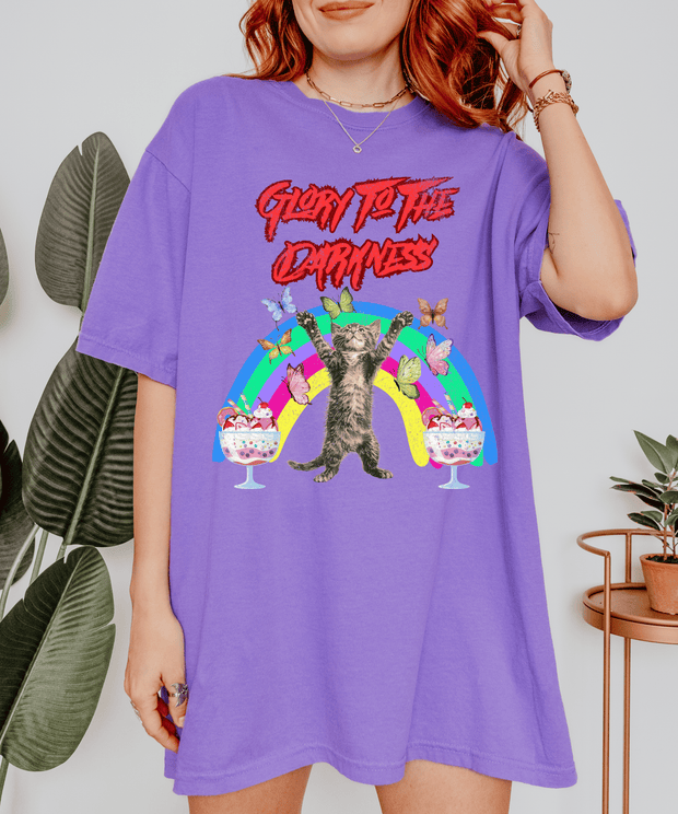 Glory to the Darkness Vintage Cat Graphic Tee LavenderCeleste
