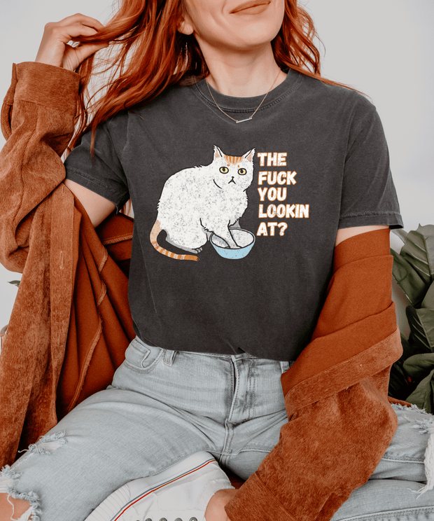 The Fuck You Lookin At Cat Comfort Colors Tee LavenderCeleste