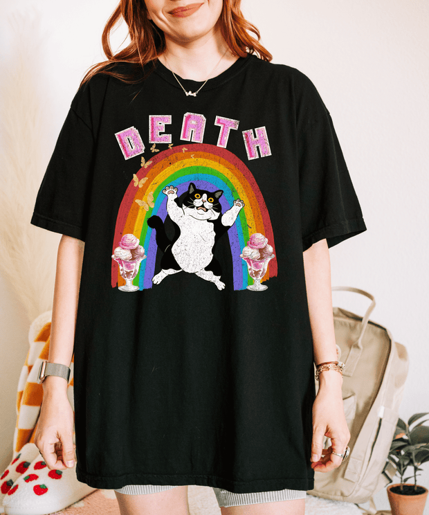 Death Cat Rainbow Comfort Colors Tee LavenderCeleste