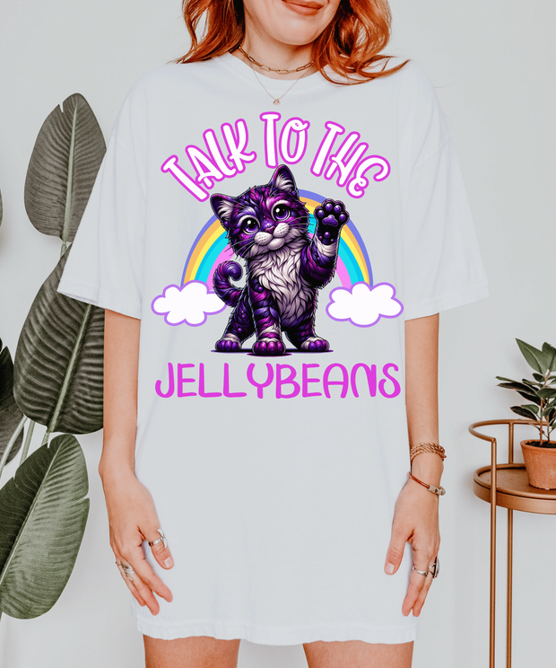 Talk to the Jellybeans Rainbow Cat Comfort Colors Tee LavenderCeleste