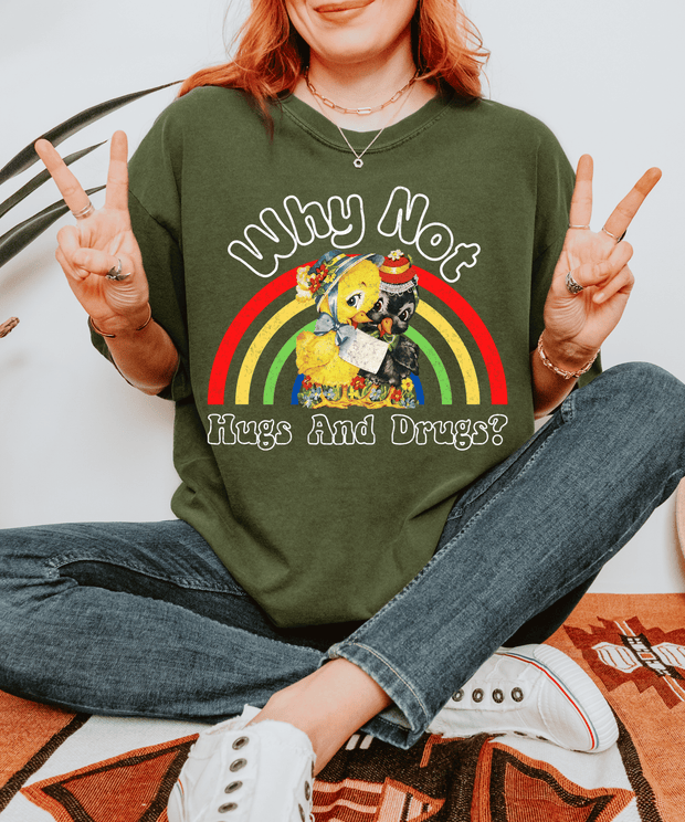 Why Not Hugs And Drugs Retro Duck Rainbow Comfort Colors Tee LavenderCeleste