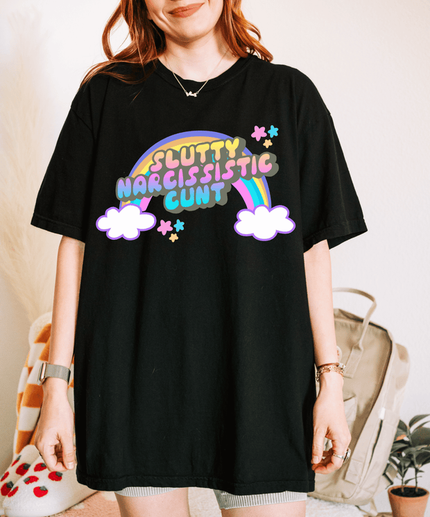 Slutty Narcissistic Cunt Rainbow Typography Comfort Colors Tee LavenderCeleste