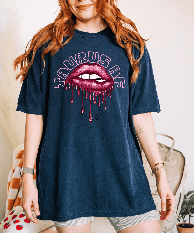 Taurus AF Glitter Lips Zodiac Comfort Colors Tee LavenderCeleste